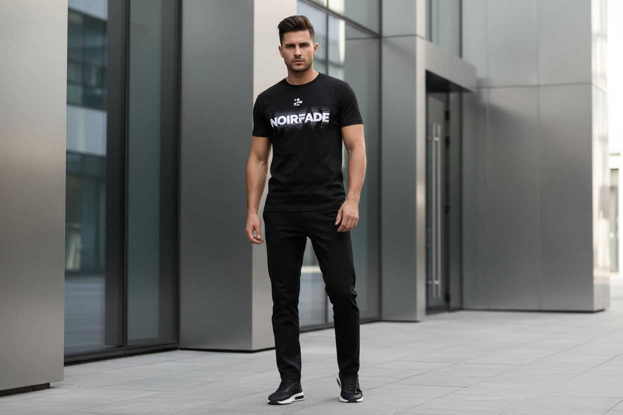 make me person wearing NOIRFADE brand t shirt 